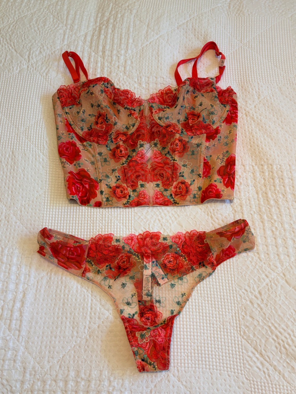 Victoria's Secret Tropiquette Red Orange Rose Lace Bustier Thong Lingerie Set